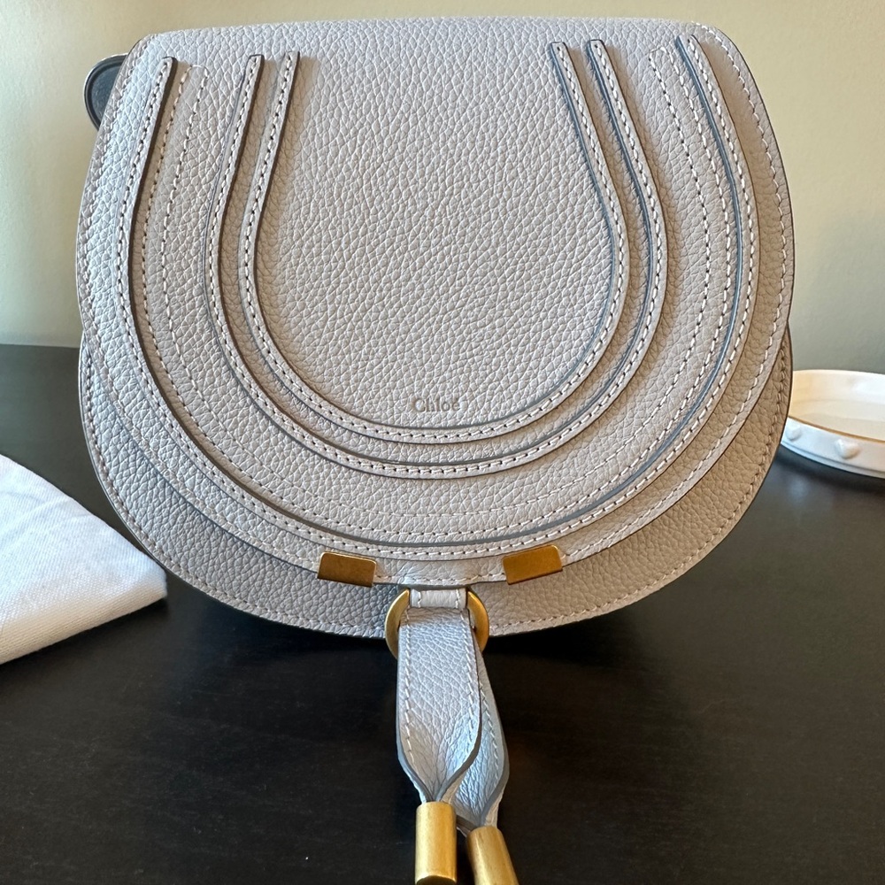 Chloe Light Blue Small Marcie Crossbody Bag with Gold Accents
